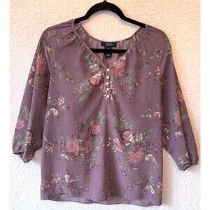 Chaps‎ Purple Mauve Pink Floral Semi-Sheer 3/4 Sleeve Vneck Top Blouse Large